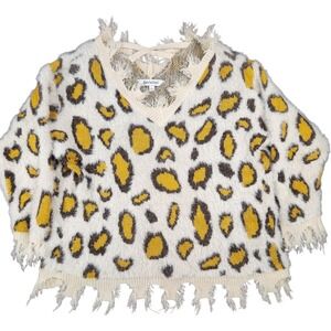 Davi & Dani Leopard Sz L Animal Print Sweater Fringe V Neck Fuzzy 80's Style